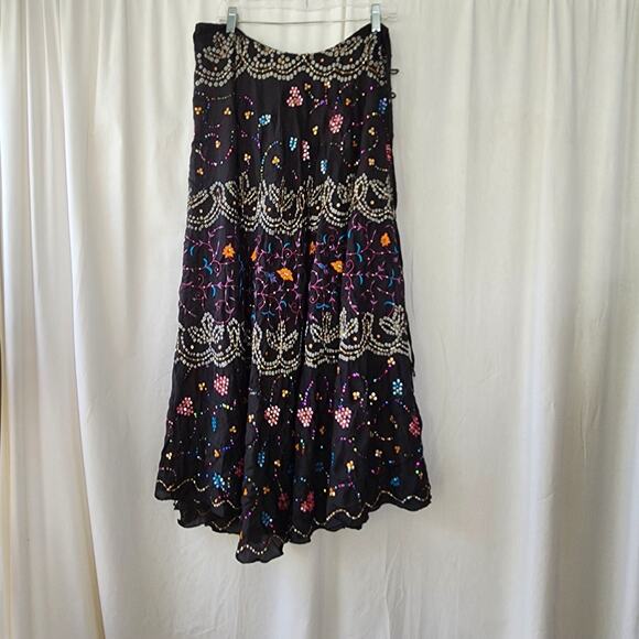 Alka Vora Maxi Skirt 100% Silk Embroidered Gypsy One Size Black Tiered Boho New - Picture 2 of 12